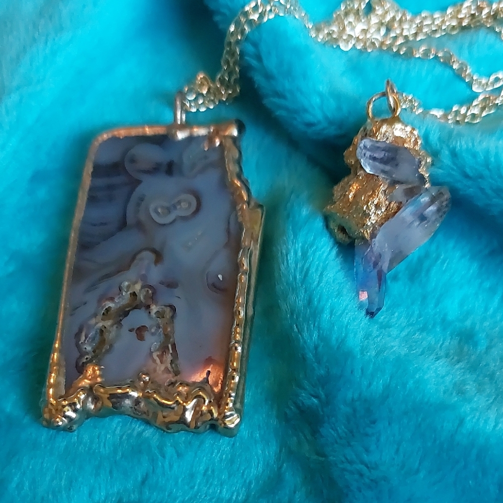 Sliced Purple Agate and Purple Crystal Pendants in Goldtone Settings Estate Item